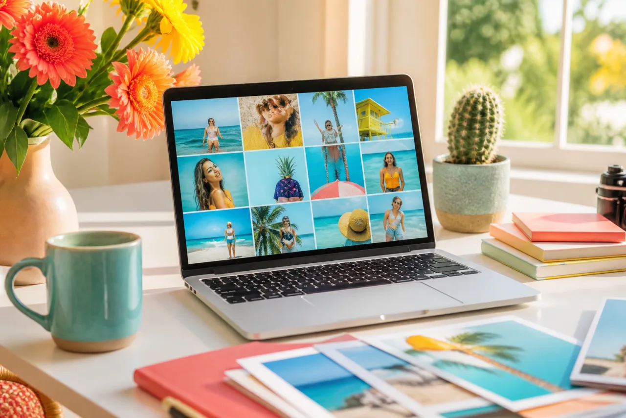 A laptop on a white desk by a window showing a photo collage grid, with a mug and a stack of prints