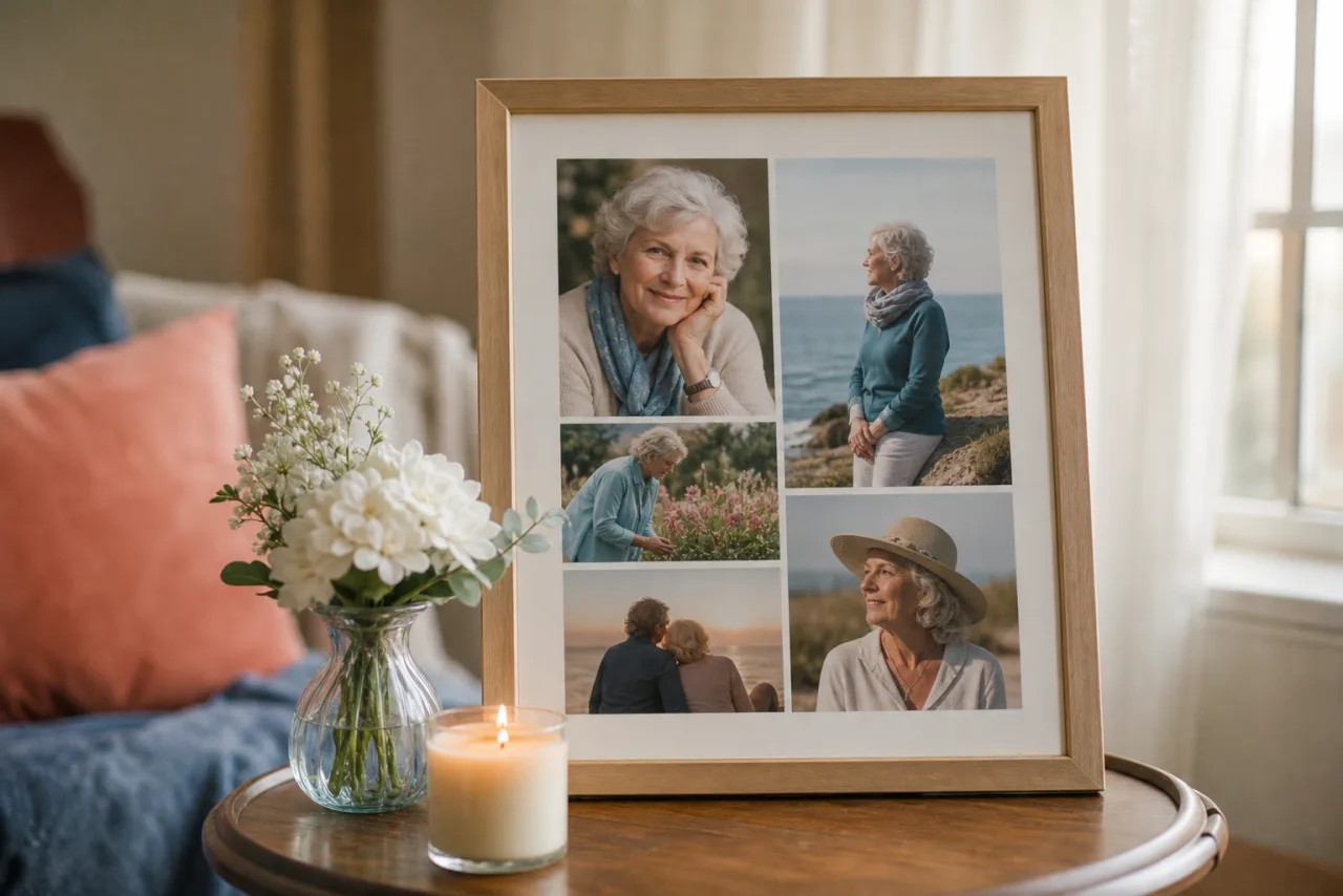 A framed photo collage on a side table next to white flowers and a lit candle, in soft window light