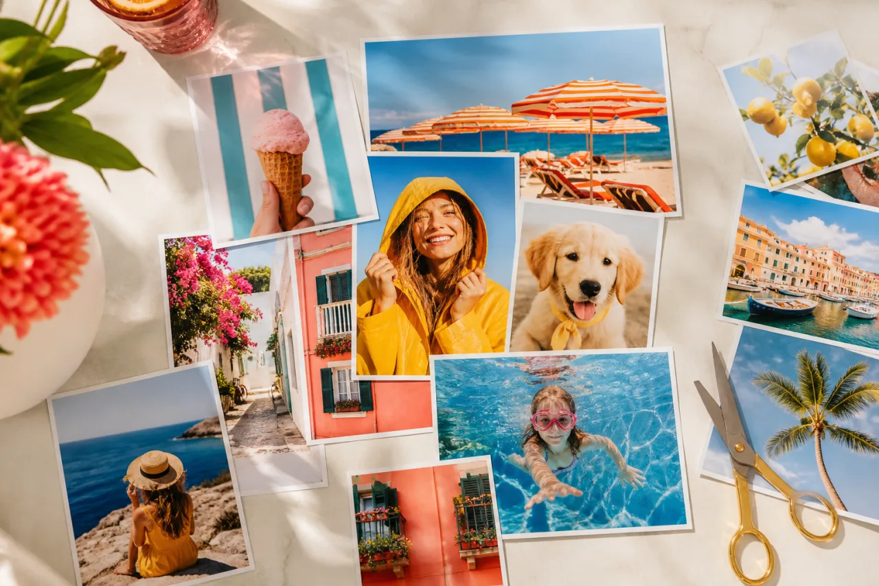 Printed photos of clearly different shapes, tall, wide and square, arranged into one tidy collage on a bright desk