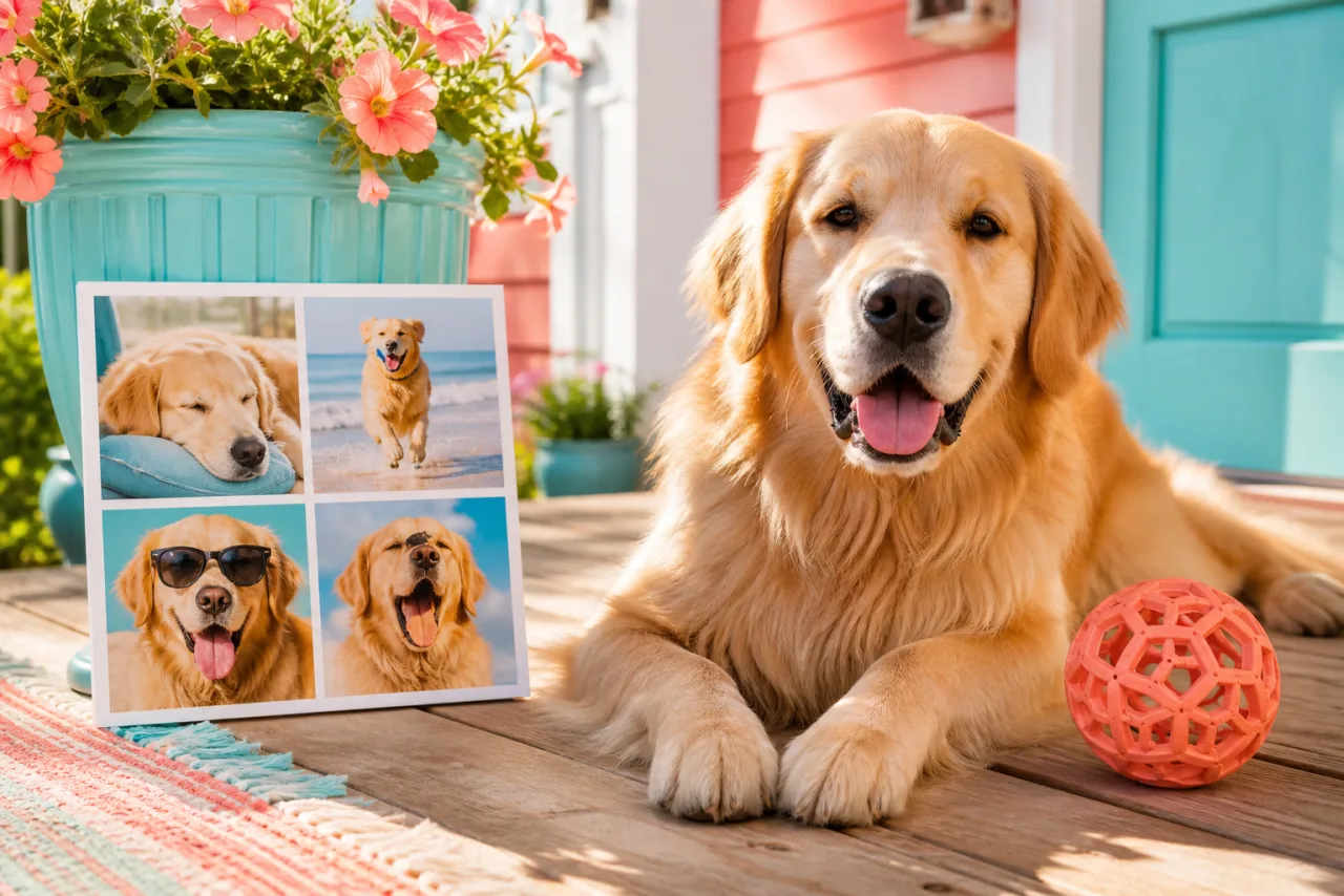 A golden retriever on a porch next to a printed 2x2 photo collage of the same dog in four poses