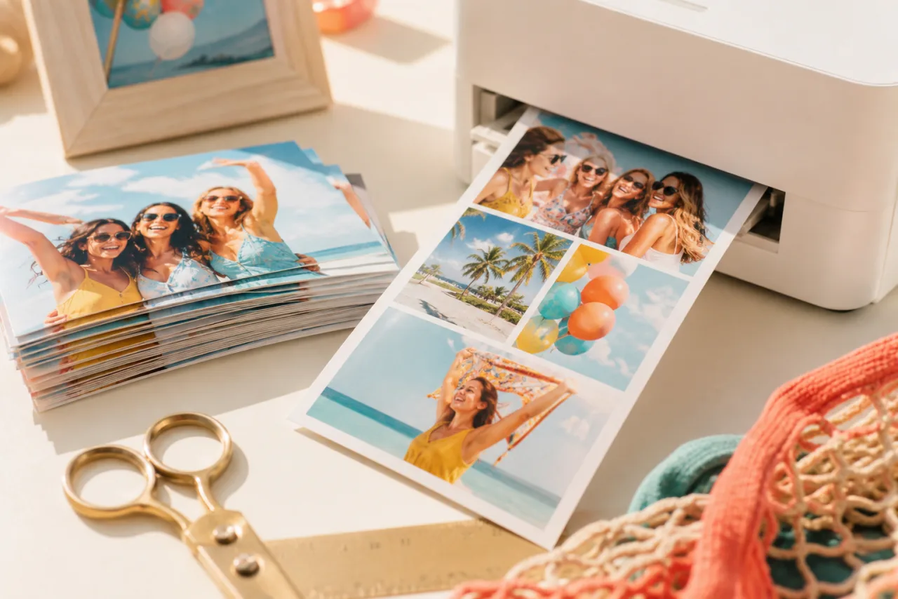 A photo collage print coming out of a home photo printer next to a stack of prints, a frame and a ruler