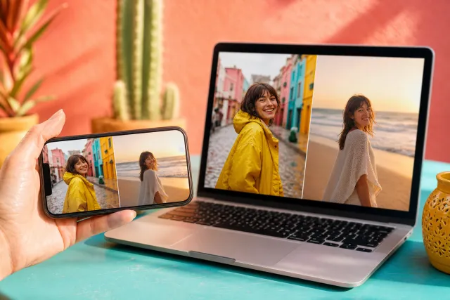 A phone and a laptop showing the same two photos placed side by side in one image
