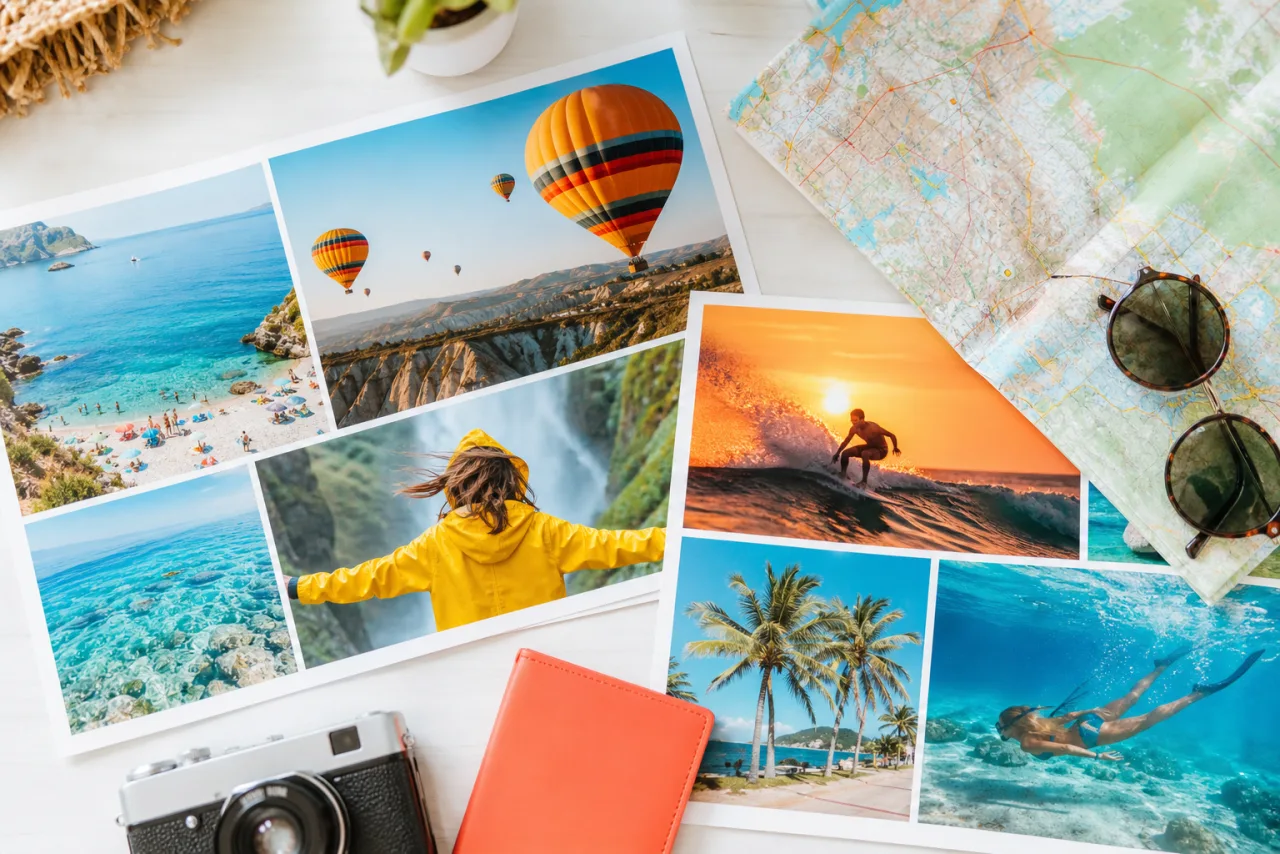 Printed holiday photo collages spread on a bright desk with a paper map, sunglasses and a passport