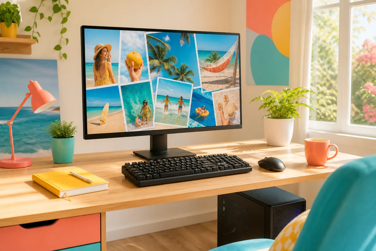 A home office desk with a large monitor showing a photo collage being arranged