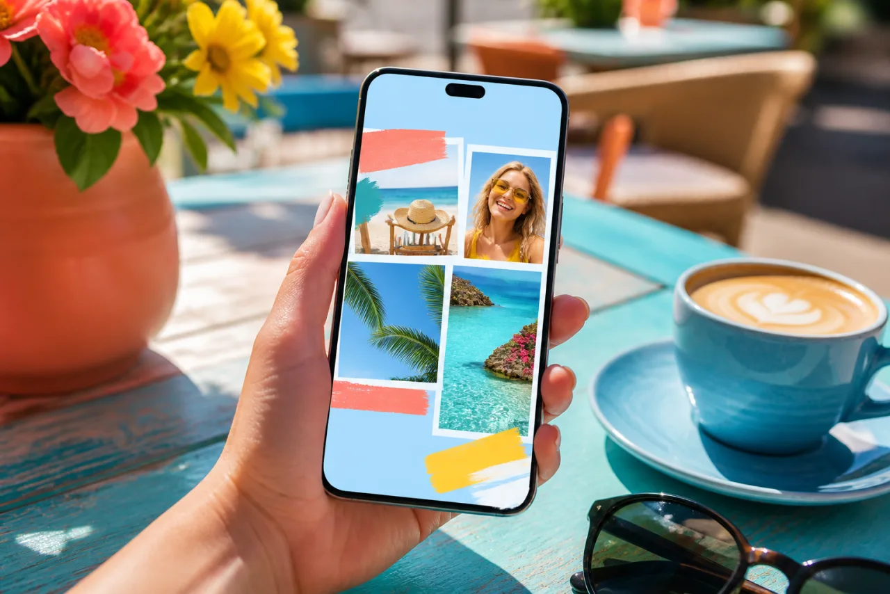 A hand holding a phone showing a photo collage being made in the browser, on a sunny cafe table