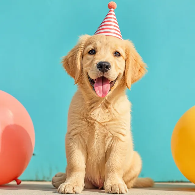 Turkuaz bir arka planda parti şapkası takmış golden retriever yavrusu